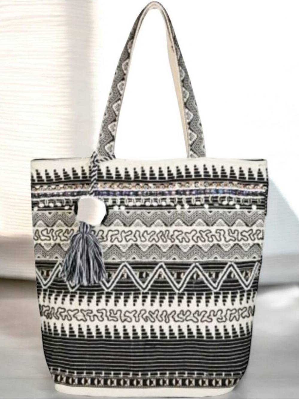 Fabulous MJ New York Black White Boho Embroidered Tote Bag NWT Tassel Large